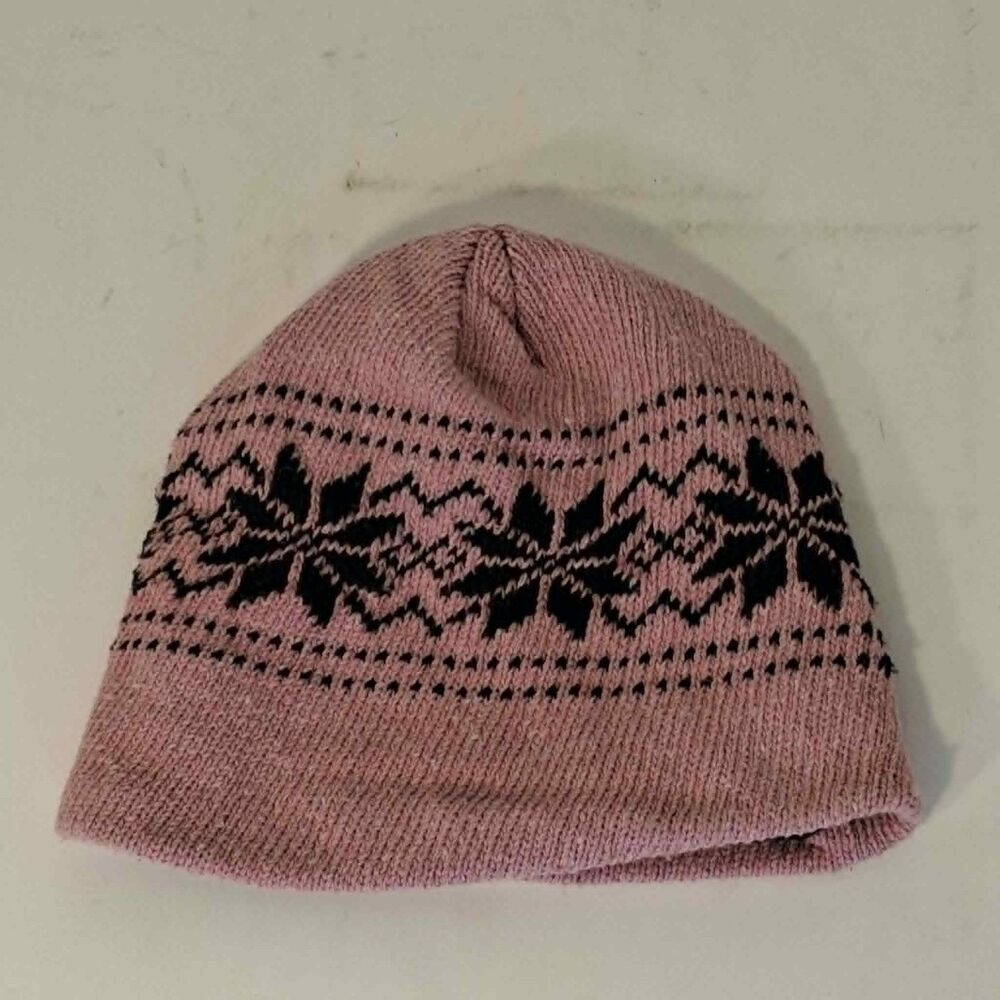 Vintage Fair Isle Snowflake Beanie Hat One Size Pink Black Winter Ski Cap